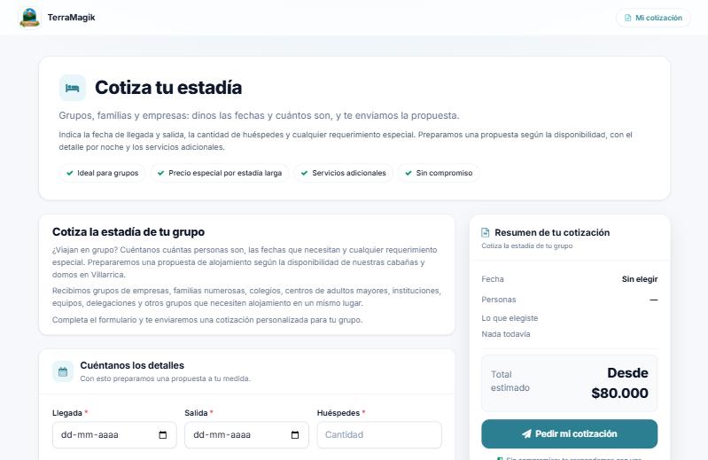 Cotizador con los campos de llegada, salida y hu&eacute;spedes
