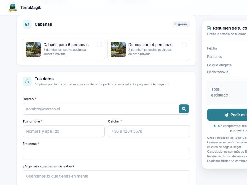 Selecci&oacute;n de caba&ntilde;a o domo y formulario con correo, nombre y celular